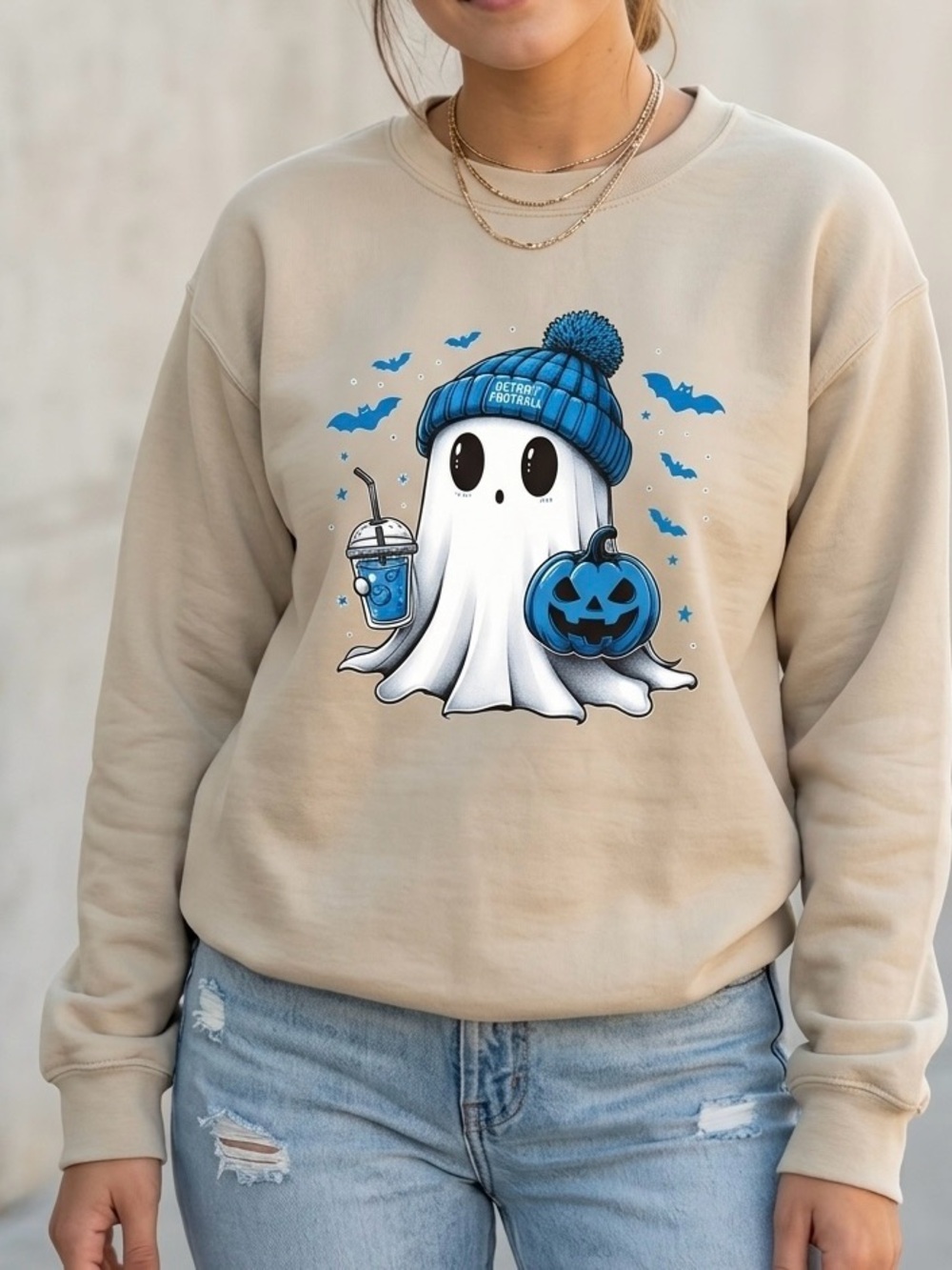 Detroit Lions Football Halloween Ghost Sweatshirt Crewneck Sand Tan